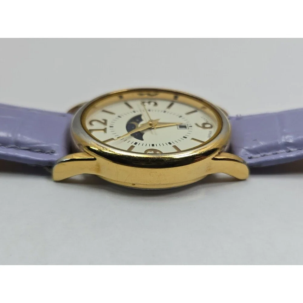 Womens Vintage Avon Moon Phase Date Womens Gold Tone Leather Watch New Battery